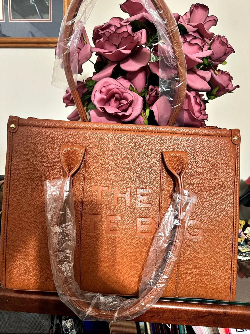 Large Vegan Leather Tote Bag Brown